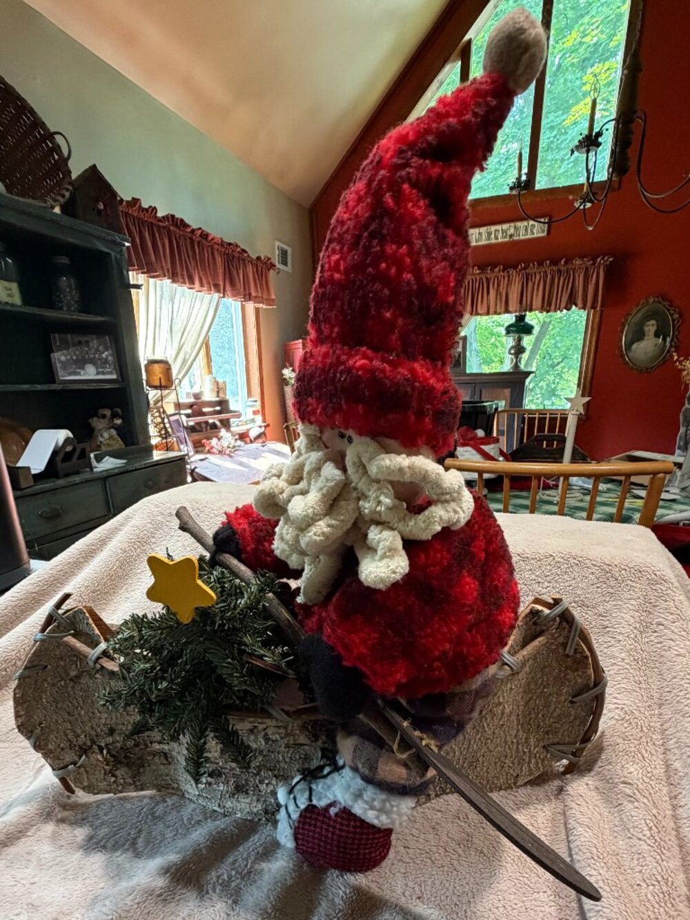Rustic Primitive Santa in Birch Bark Canoe Christmas Decor